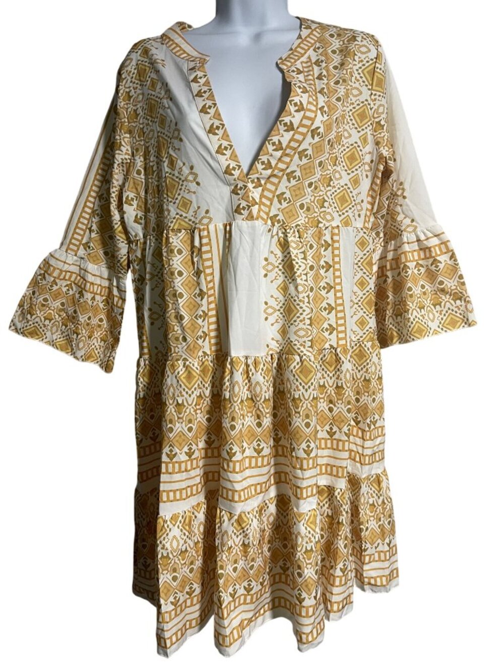 Geometric Print Tiered Boho Dress With 3/4 Bell Sleeves Size M Semi Sheer